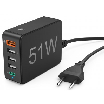 Зарядное устройство Hama 210536 Charging Station, 51 Watt, 5-Way (1x QC3.0, 3x USB-A, 1x USB-C PD), black
