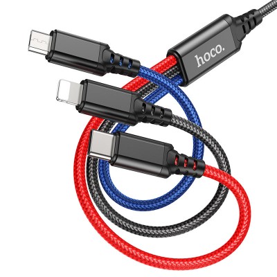 Кабель Hoco X76 3-in-1 Super charging cable (iP+Type-C+Micro) [black/red/blue]