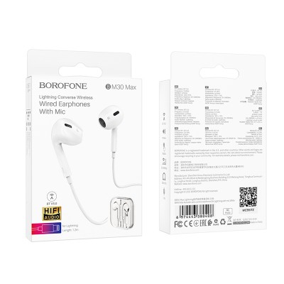 Наушники Borofone BM30 Max Acoustic wire control earphones for Lightning with mic [white] 