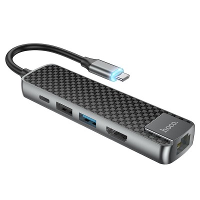 Адаптер Hoco HB23 Easy view Type-C (HDMI+USB3.0+USB2.0+RJ45+PD) [metal gray]