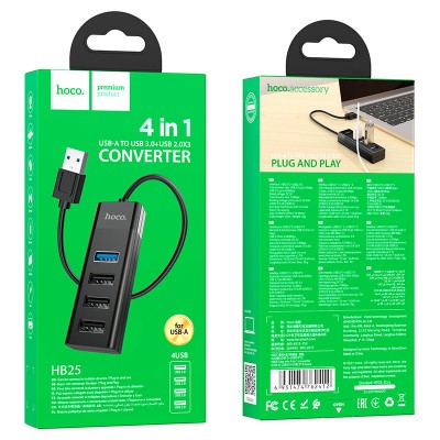 Хаб Hoco HB25 Easy mix 4 in 1 converter (USB to USB 3.0 + USB 2.0*3) [black]